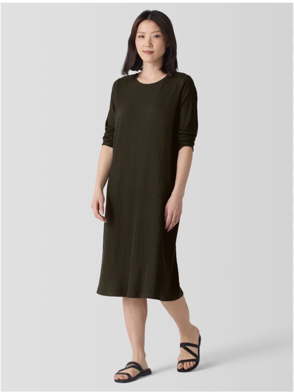 Eileen Fisher Olive Ribbed Midi Dress with Ruched Sleeves